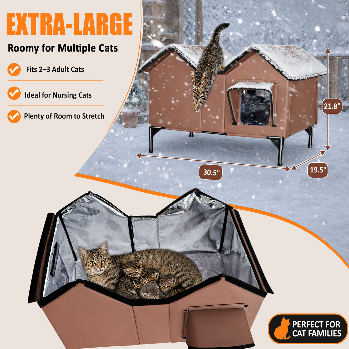 Heated Cat House for Outside - Large, 1~3 Cats (Version 2.0)